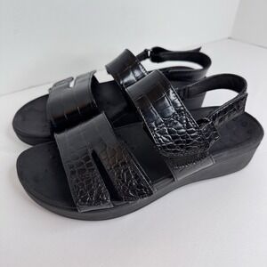 Vionic Sandals Roma Platform Wedge Black Croc Print Sz 9 Comfort Walking Shoes